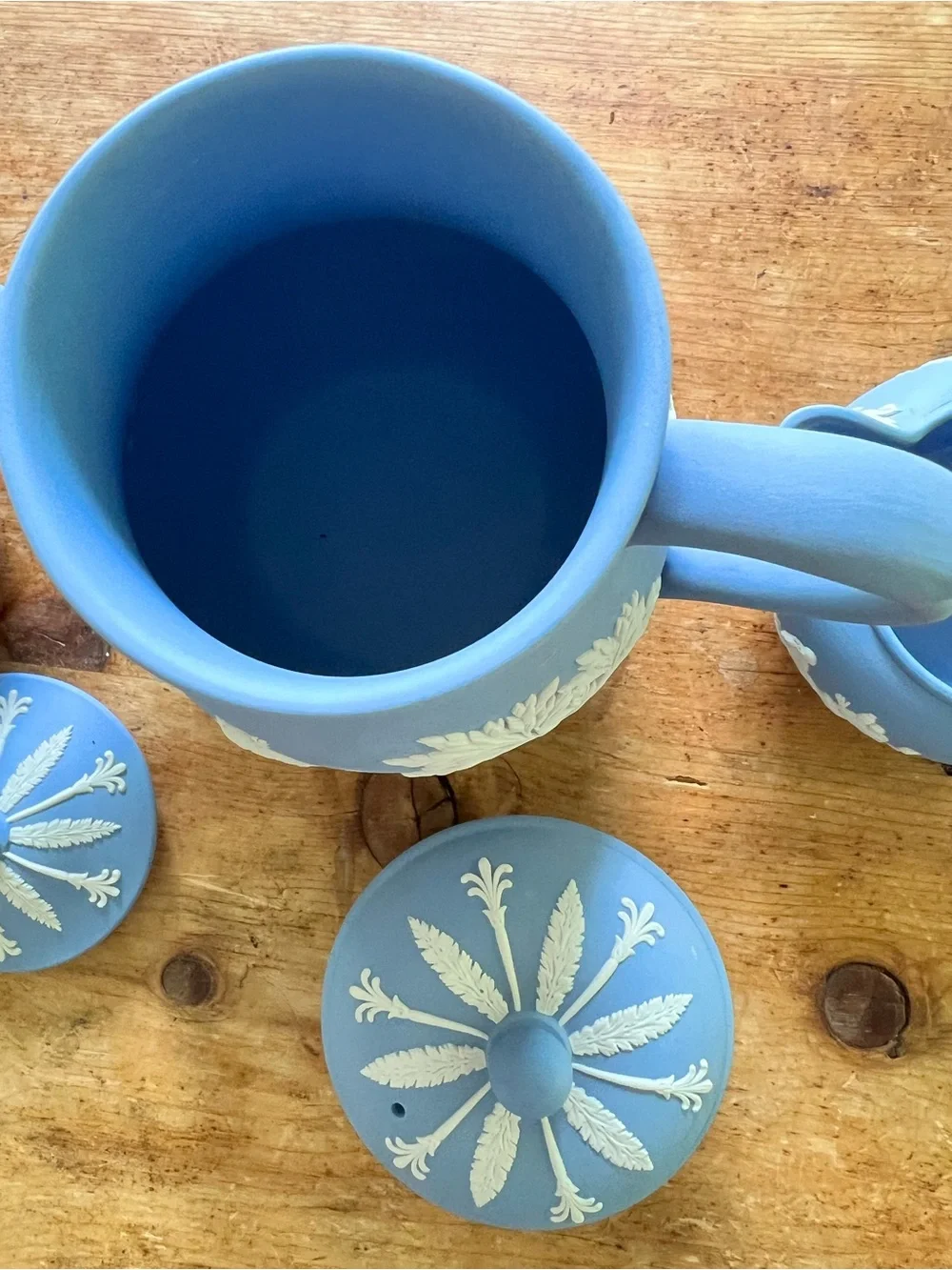 Iconic Wedgwood Blue Jasperware 3 Piece Coffee Service set Pristine Condition